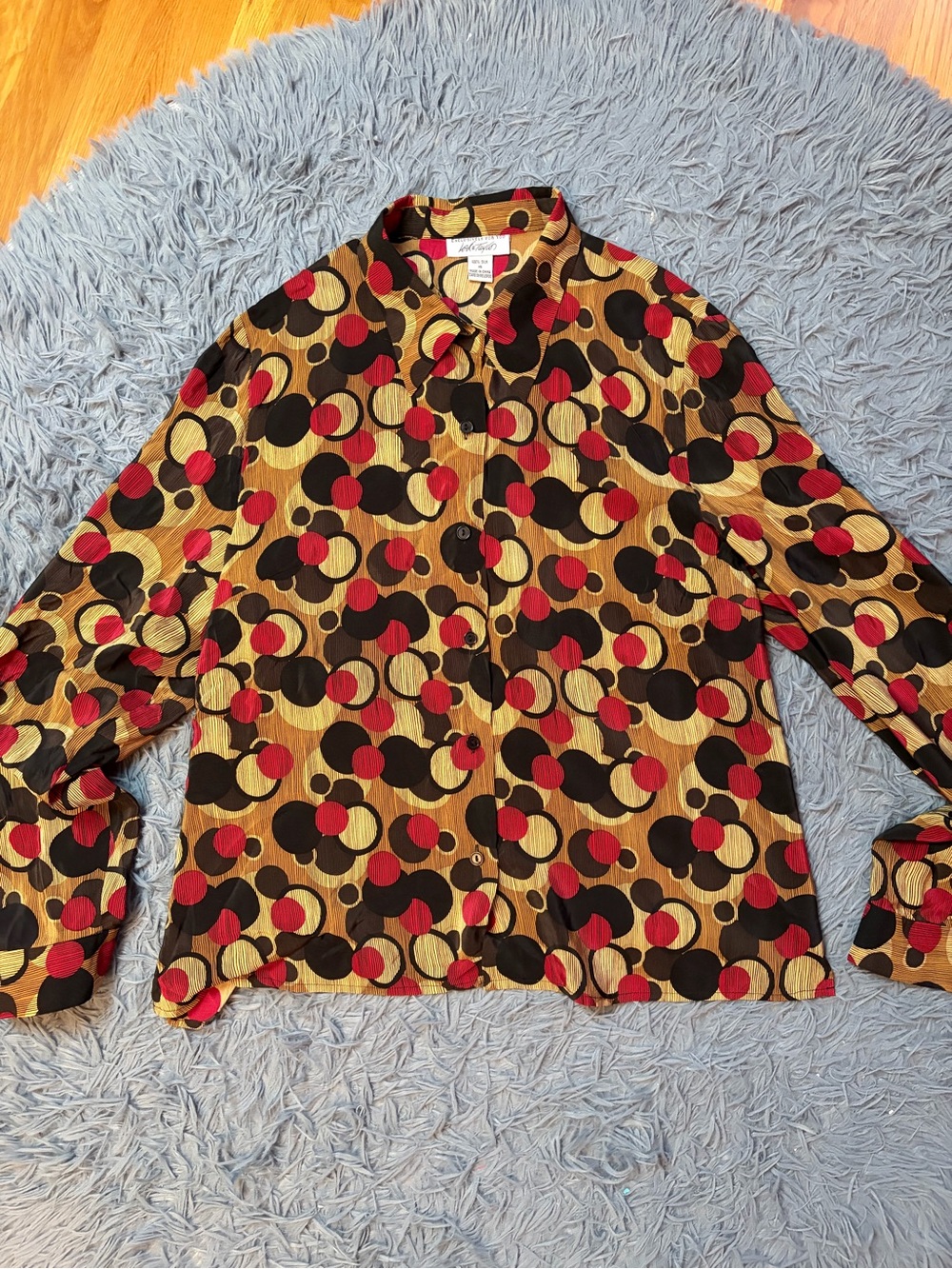 Lord & Taylor Brown 100% Silk Geometric Print Button-Up Shirt Size 16 70's